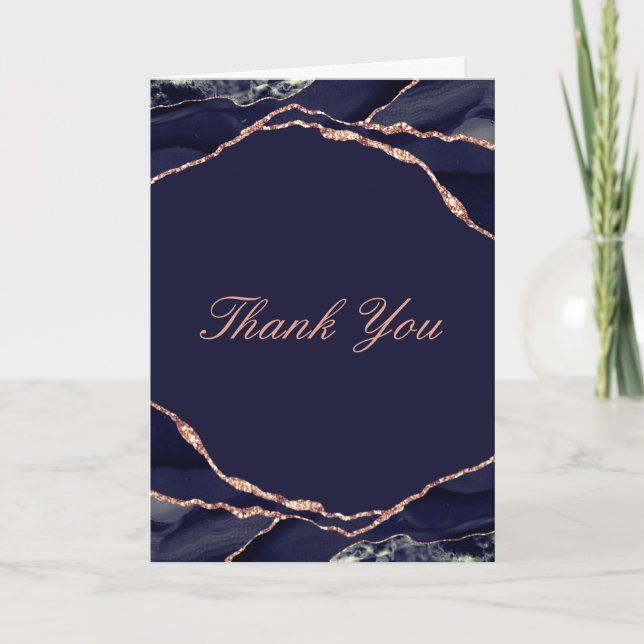 Elegant Navy Ro Gold Foil Agate Bröllop Photo Tack Kort (Framsida)