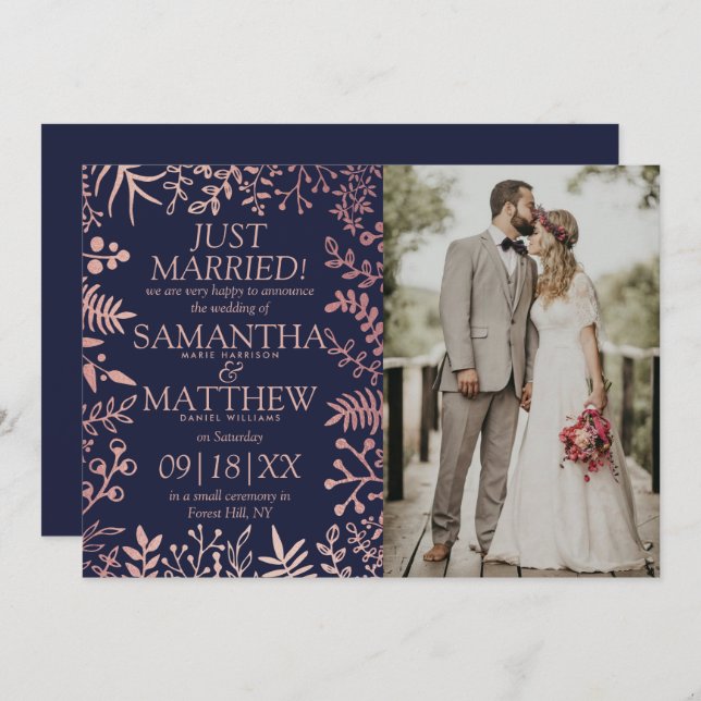 Elegant Navy & Ro Guld Blommigt Bröllop Photo Meddelande (Fram/baksida)