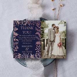 Elegant Navy & Ro Guld Blommigt Bröllop Photo Tack Kort