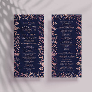 Elegant Navy & Ro Guld Blommigt Bröllopsprogram Reklamkort