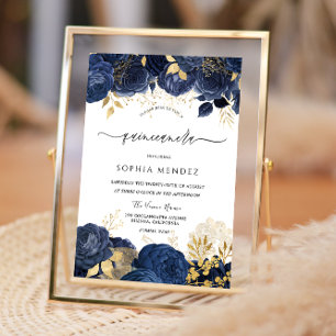 Elegant Navy Ro Guld löv Quinceanera Party Inv. Inbjudningar