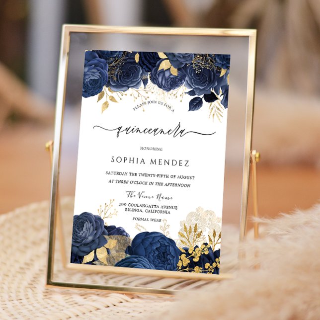 Elegant Navy Ro Guld löv Quinceanera Party Inv. Inbjudningar (Skapare uppladdad)