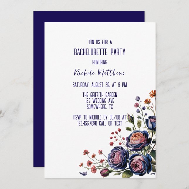 Elegant Navy Ro och Coral Bachelorette Party Inbjudningar (Fram/baksida)