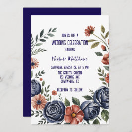 Elegant Navy Ro och Coral Bröllop Inbjudningar