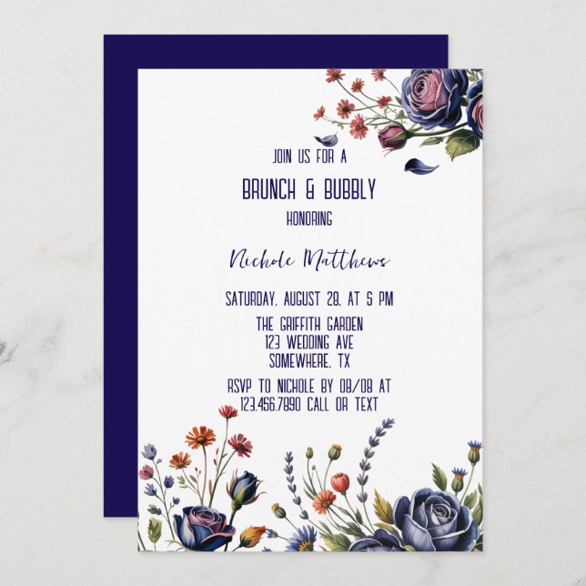 Elegant Navy Ro och Coral Brunch & BubLY Inbjudningar (Fram/baksida)