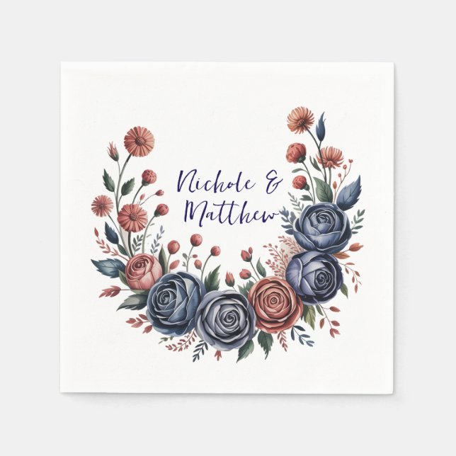 Elegant Navy Ro och Terracotta Blommigt Bröllop Pappersservett (Framsidan)