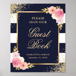 Elegant Navy Rosa Blommigt Bröllop Guest Bok Sign Poster