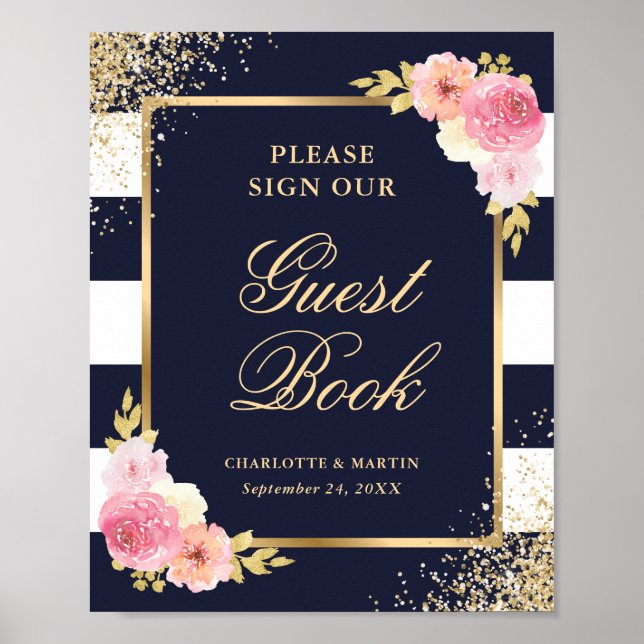 Elegant Navy Rosa Blommigt Bröllop Guest Bok Sign Poster (Framsidan)