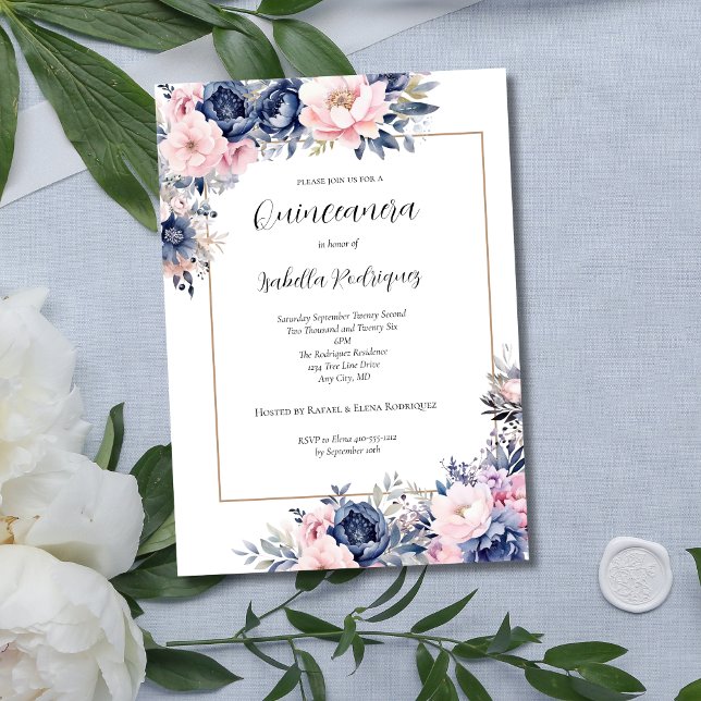 Elegant Navy Rosa Blommigt Formal Quinceanera Inbjudningar (Elegant Navy Blue and Pink Floral Quinceanera Invitation)