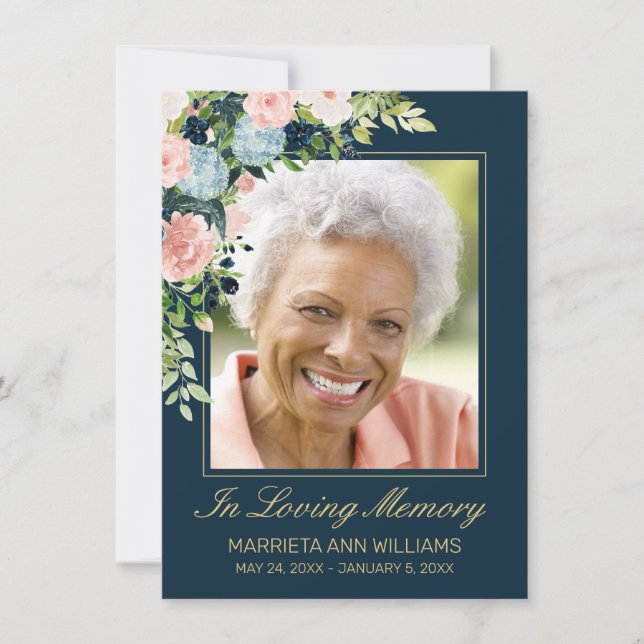 Elegant Navy Rosa ros Blommigt Photo Memorial Tack Kort (Framsida)