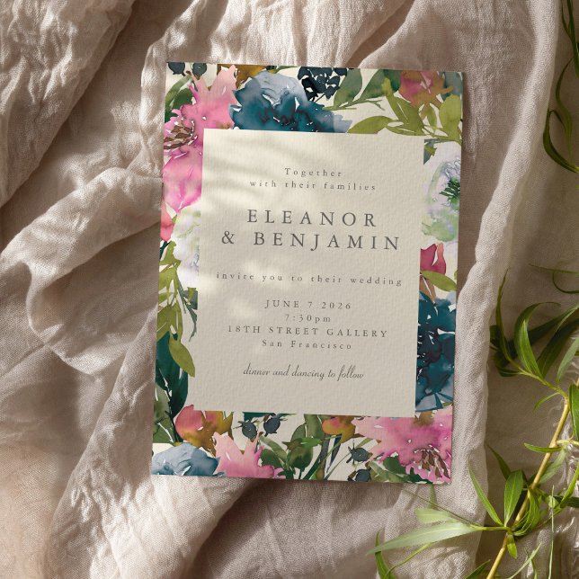 Elegant Navy Rosa Watercolor Botanical Bröllop Inbjudningar (Skapare uppladdad)