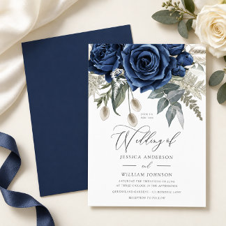 Elegant Navy Rose Bröllop Inbjudningar