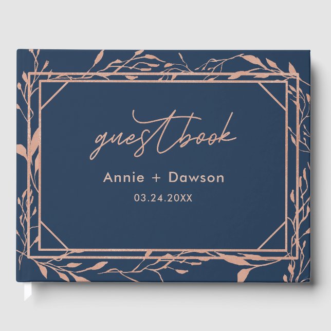 Elegant Navy & Rose Gold Blommig Bröllop Gästböcker (Framsida)