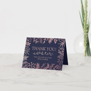 Elegant Navy & Rose Gold Blommig Bröllopssamling Tack Kort