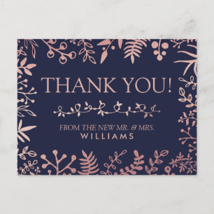 Elegant Navy & Rose Gold Blommig Bröllopssamling Vykort