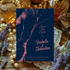 Elegant Navy & Rose Marmor Spara datum bröllop Inbjudningar
