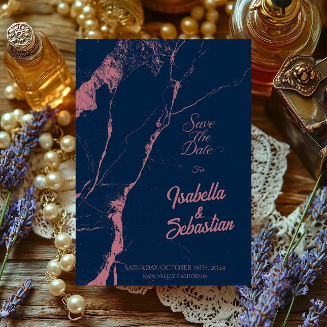 Elegant Navy & Rose Marmor Spara datum bröllop Inbjudningar (Skapare uppladdad)