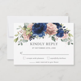 Elegant Navy Roséguld Blush Floral Bröllop OSA Kort