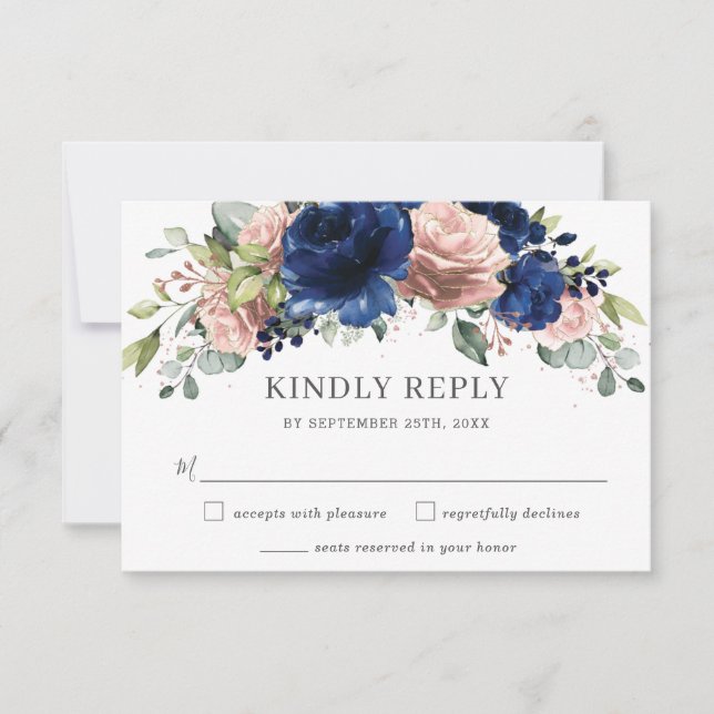 Elegant Navy Roséguld Blush Floral Bröllop OSA Kort (Framsida)