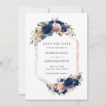 Elegant Navy Roséguld Rodnad Blommig Bröllop Geome