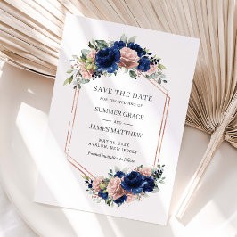 Elegant Navy Roséguld Rodnad Blommig Bröllop Geome Spara Datumet