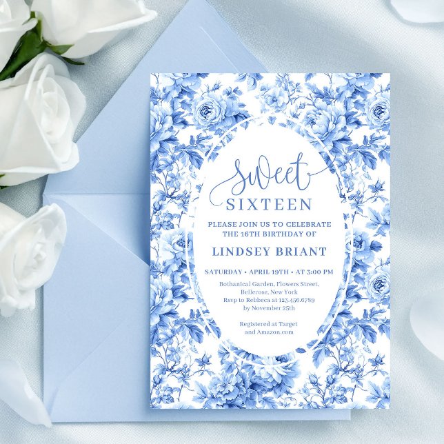 Elegant Navy Roses Digital 16th Birthday Invite Inbjudningar (Elegant Navy Roses Digital 16th Birthday Invite)
