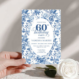 Elegant Navy Roses French Toile 60th Birthday Inbjudningar