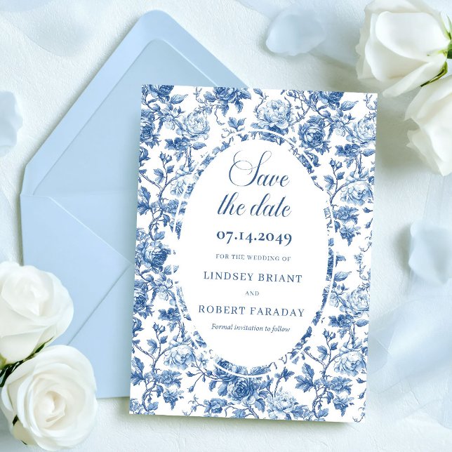 Elegant Navy Rosor Toile Spara Datum Bröllopsbil Inbjudningar (Announce your special day with this Elegant Navy Roses Toile de Jouy Save the Date. Featuring navy, )