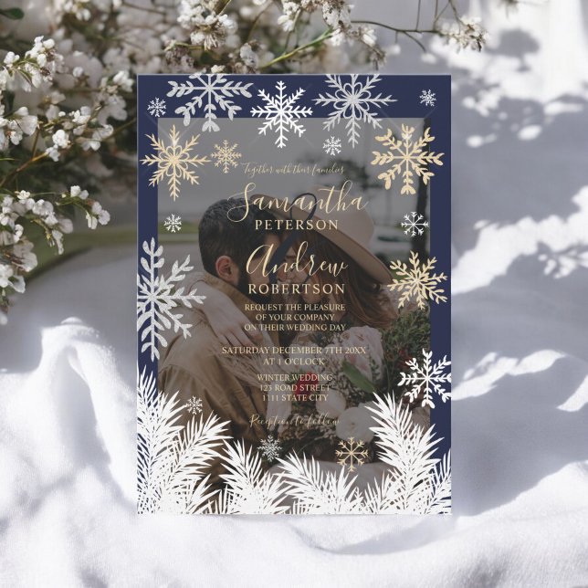 Elegant Navy Rustic Winter Snöflingor Bröllop Inbjudningar (Elegant Navy Rustic Winter Snowflakes Wedding Invitation)