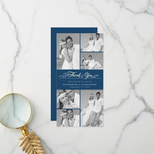 Elegant Navy Scalloped Band 6 Photo Chic Bröllop Tack Kort (Fram/Back In Situ)