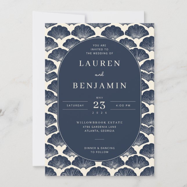 Elegant Navy Seashell Wedding Invitation Inbjudningar (Framsida)