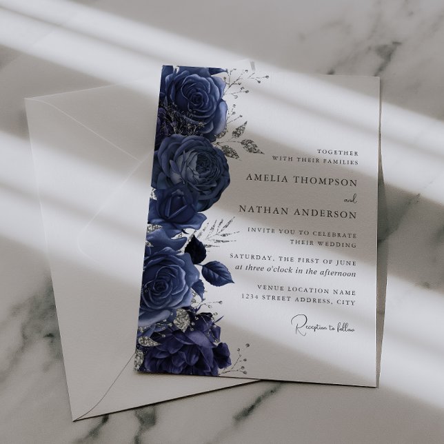 Elegant Navy Silver Blommig Bröllop Inbjudningar (Skapare uppladdad)