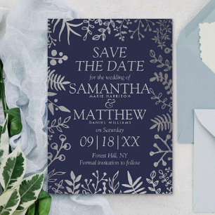 Elegant Navy & Silver Blommigt Bröllop Spara Datumet