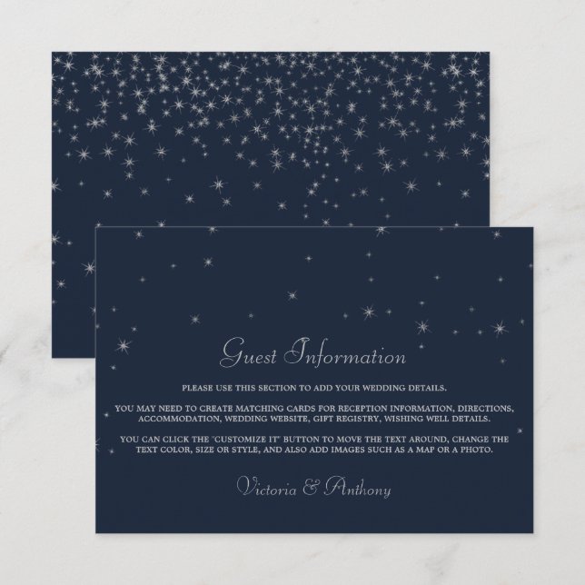 Elegant Navy & Silver Falling Stars Bröllop Detail Tilläggskort (Fram/baksida)
