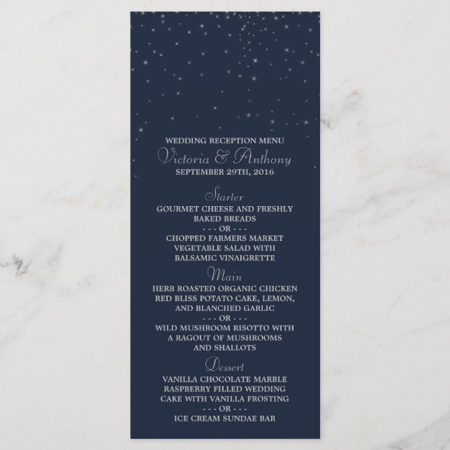 Elegant Navy & Silver Falling Stars Bröllop Menu Meny (Framsida)