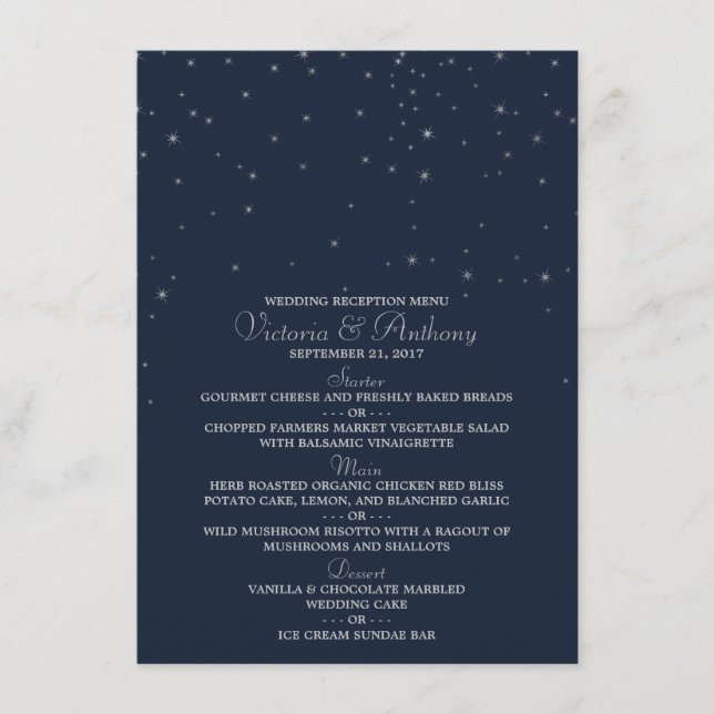 Elegant Navy & Silver Falling Stars Bröllop Menu Meny (Framsida)