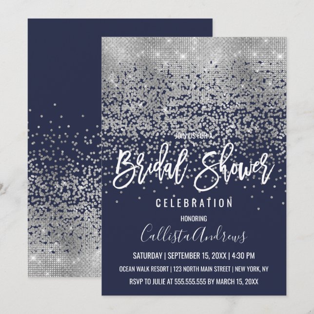 Elegant Navy Silver Glitter Confetti Möhippa Inbjudningar (Fram/baksida)