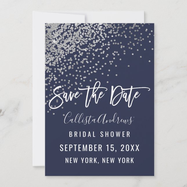 Elegant Navy Silver Glitter Confetti Möhippa Spara Datumet (Framsida)