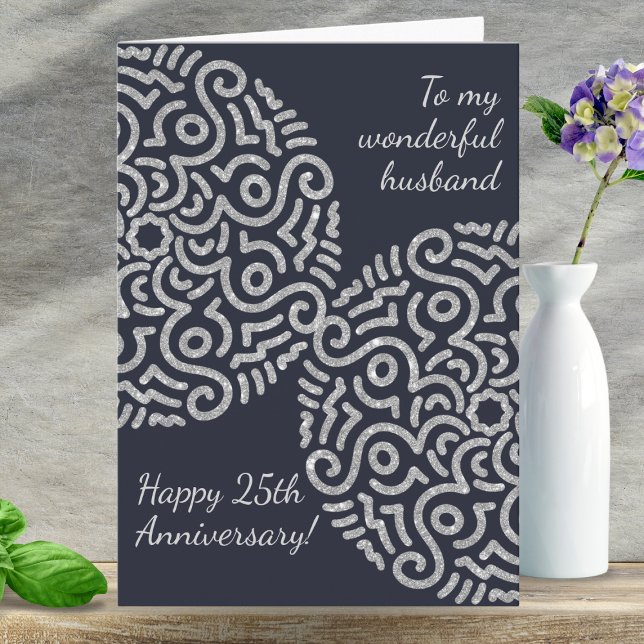 Elegant Navy Silver Mandala Bröllop-årsdagen Kort (Have this opportunity to show love to your husband with this anniversary card.)