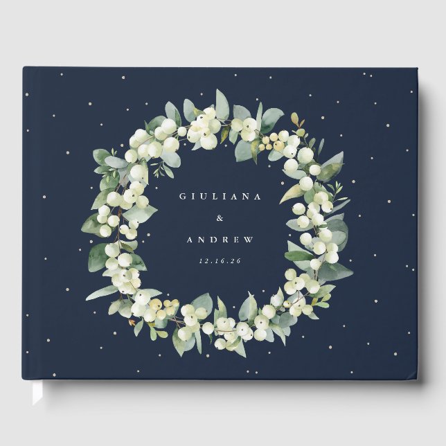 Elegant Navy Snowberry+Eucalyptus WAN Bröllop Gästböcker (Framsida)
