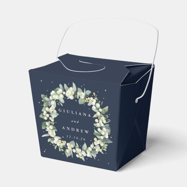 Elegant Navy Snowberry+Eucalyptus Winter Wedding Presentaskar (Framsidan Sidan)