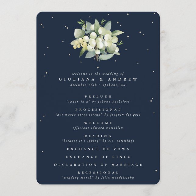 Elegant Navy Snowberry+Eucalyptus Winter Wedding Program (Framsida)