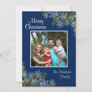 Elegant Navy Snowflake and Gräs Flat Helgdag Card Julkort