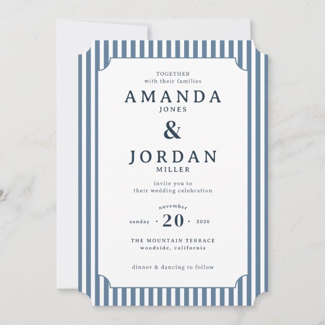 Elegant Navy Striped Wedding Invitation Inbjudningar (Framsida)