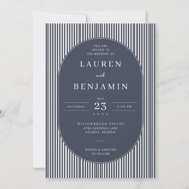 Elegant Navy Striped Wedding Invitation Inbjudningar (Framsida)
