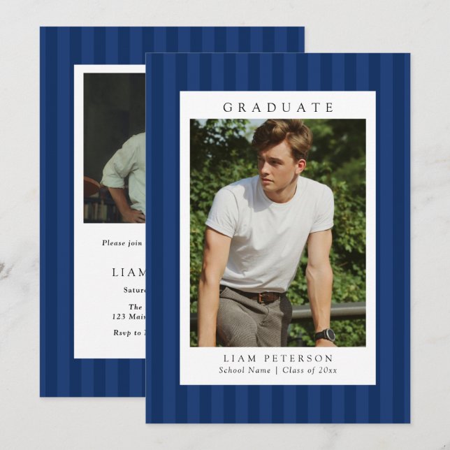 Elegant Navy Stripes 2 Photo Graduation Party Inbjudningar (Fram/baksida)
