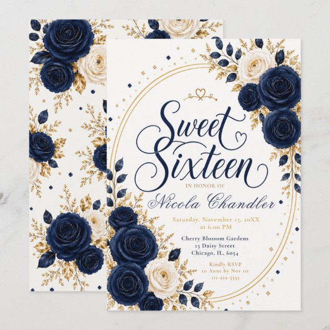 Elegant Navy Sweet 16 Inbjudningar (Fram/baksida)