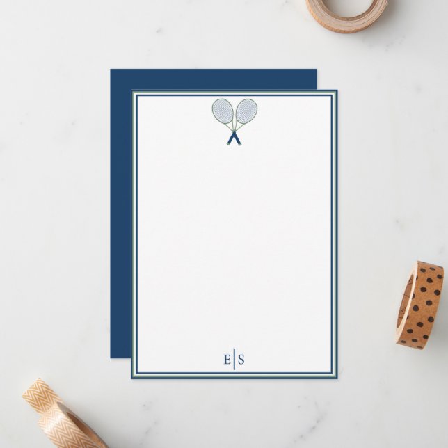 Elegant Navy Tennis Monogram Platt Anteckningskort (Fram/Back In Situ)