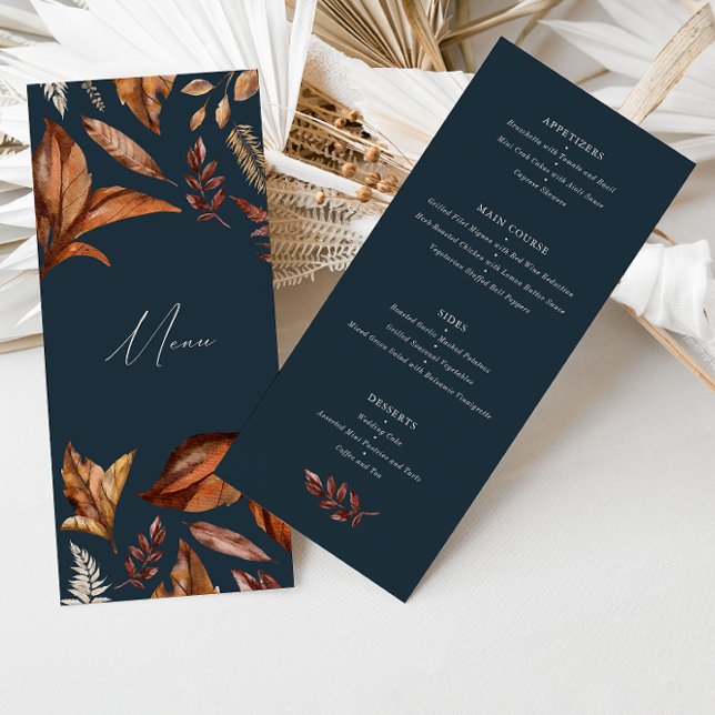 Elegant Navy & Terracotta Flowers Bröllop Meny (Skapare uppladdad)