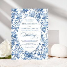 Elegant Navy Toile de Jouy Rosa Blommig Bröllop